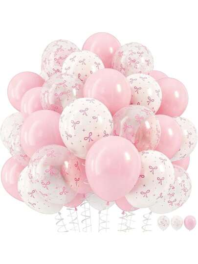 60pcs/Set Pink Bow Latex Balloons, 12 Inch Light Pink Transparent White Bow Print Balloons, Butterfly Theme Birthday Party Decorations Suitable For Women's Birthday, Bachelorette Party, Bridal Shower, Wedding, Anniversary, Christmas Decorations