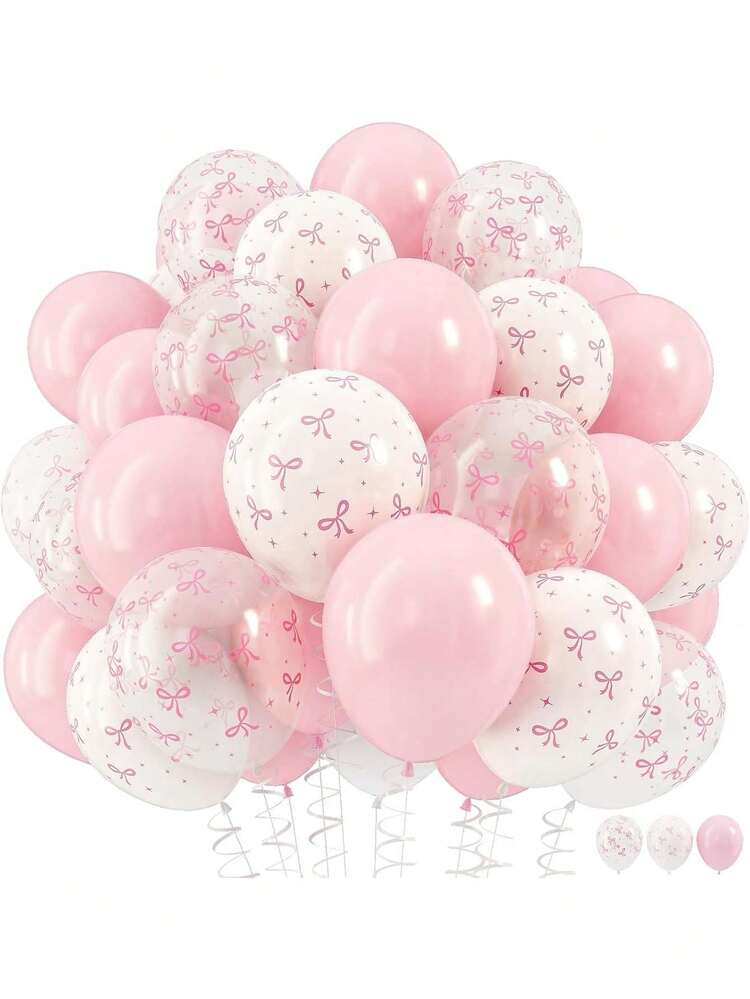 Conjunto de 60 balões de látex com laço rosa, balões de 12 polegadas com estampa de laço branco transparente rosa , decorações de festa de aniversário com tema de borboleta, adequados para aniversários femininos, despedidas de solteira, chá de panela, casamentos, aniversários e decorações de Natal - Rosa - Ver 1