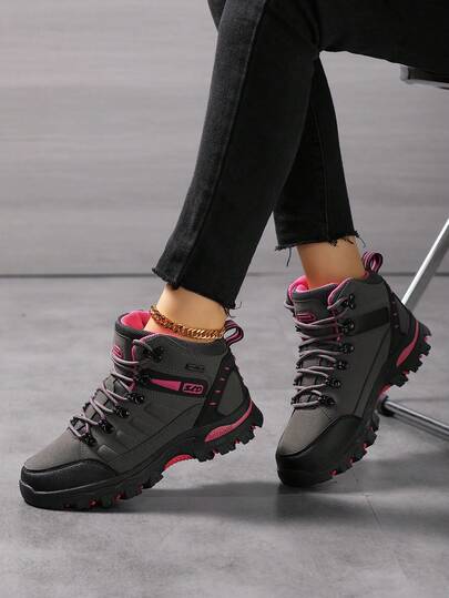 Women's Fashion Lace-Up Outdoor Hiking Boots, Comfortable Sole, Color Combination, Suitable For Outdoor Trekking And Climbing