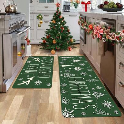 1/2 Stücke Weihnachts-Bodenmatte, luxuriöser grüner Hintergrund verziert mit weißen Schneeflocken, Weihnachtsbaum Muster Küchenbodenmatte, fröhliches Thema, Weihnachtsatmosphäre Dekoration, sehr geeignet für Büro, Küche, Schlafzimmer, Heimdekoration, schafft eine komfortable und exquisite fröhliche Atmosphäre