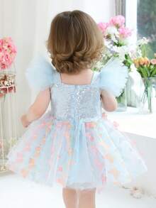 女婴蓝色荷叶袖亮片3D蝴蝶结优雅派对礼服，公主裙，适合宝宝一周岁生日派对、婚礼、宴会、花童等场合。 - 淺藍色 - 查看 8