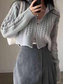 Mujeres cardigans otoño e invierno cálido jersey perezoso viento suelto versátil sección corta doble cremallera suéter de punto - Gris Claro - Ver 3