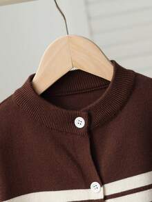 1pc Fashionable Round Neck Striped Contrast Color Knit Cardigan For Baby Boys, Brown Long Sleeve Jacket