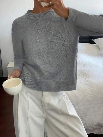 Suéter casual de cuello redondo acanalado con diseño de bordado floral 3D, nueva colección de otoño, suéteres para mujer, ropa de invierno para mujer