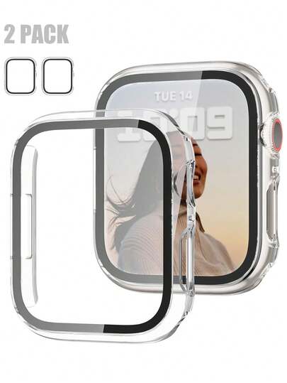 2 paquetes de caja protectora de reloj de una pieza de PC transparente + vidrio templado, resistente a golpes y rayones, cubierta protectora elegante, compatible con Apple Watch Series 40/41/42/44/45/46/49 mm, compatible con Apple Watch Ultra/SE/11/10/9/8/7/6/5/4, fácil de usar, protección integral para el estuche del reloj de hombre