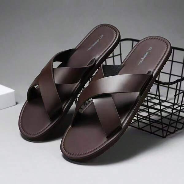 Men's Lightweight Criss-Cross Strap Sandals, Casual Beach Slippers, Indoor/Outdoor House Slippers, Brown Flat Plus Size Slides