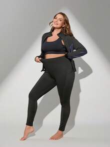 Plus Size Women's Autumn/Winter Sports Suit, Long Sleeve Leopard Print Zip-Up Jacket With Pockets, Soft High-Waist Skinny Pants With Pockets, Outdoor Cycling Patchwork Exercise Casual Outfit - Black - View 5