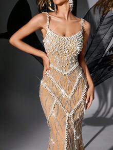 Elisanya 闪亮华丽纯色亮片串珠露背露肩修身礼服 - 香檳色 - 查看 8