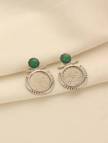 1 对优雅铜合金镀金绿色珠子和硬币耳钉，适合女性日常佩戴和节日礼物 - 綠色 - 查看 6