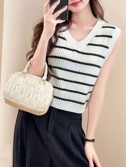 Alicedudu Débardeur rayé col V minimaliste pour femmes, automne/hiver