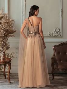 Vestido de Festa de Gala de Champanhe Transparente com Ombro Único, com Corpete Justo Listrado com Contas e Capa - Vestido de Baile Formal com Fenda Alta, Adequado para Ocasiões de Luxo - Caqui - Visão 2