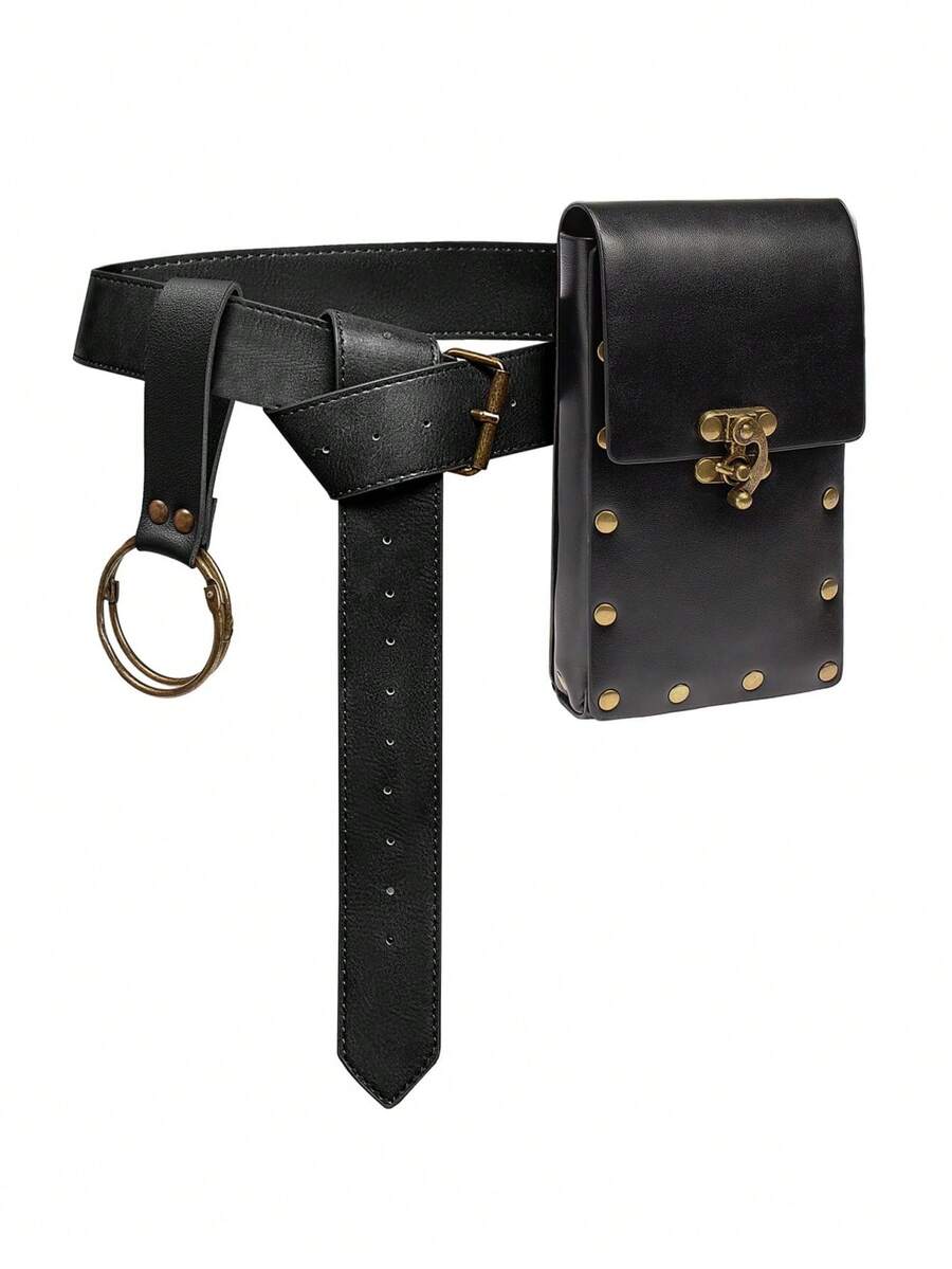 3 PiecesSet Medieval PU Leather Belt With Pouch And Skirt Hike, Gothic Waist Bag Set, Ideal For LARP, Witch/Wizard Costume Or Boho Fashion - Multicolor - View 1