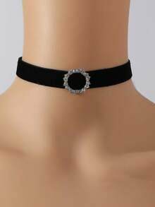 1pc Fashion Velvet Circle Rhinestone Necklace, Casual Versatile Women Choker