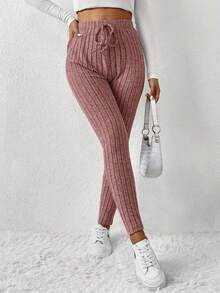 Autumn And Winter Solid Color Slim Fit High Waist Solid Color Knit Ribbed Knit Elastic Fleece Large Ribbed Waist Leggings Stage And Concert Home Women's Style Cool European And American Style! - Pink - View 1