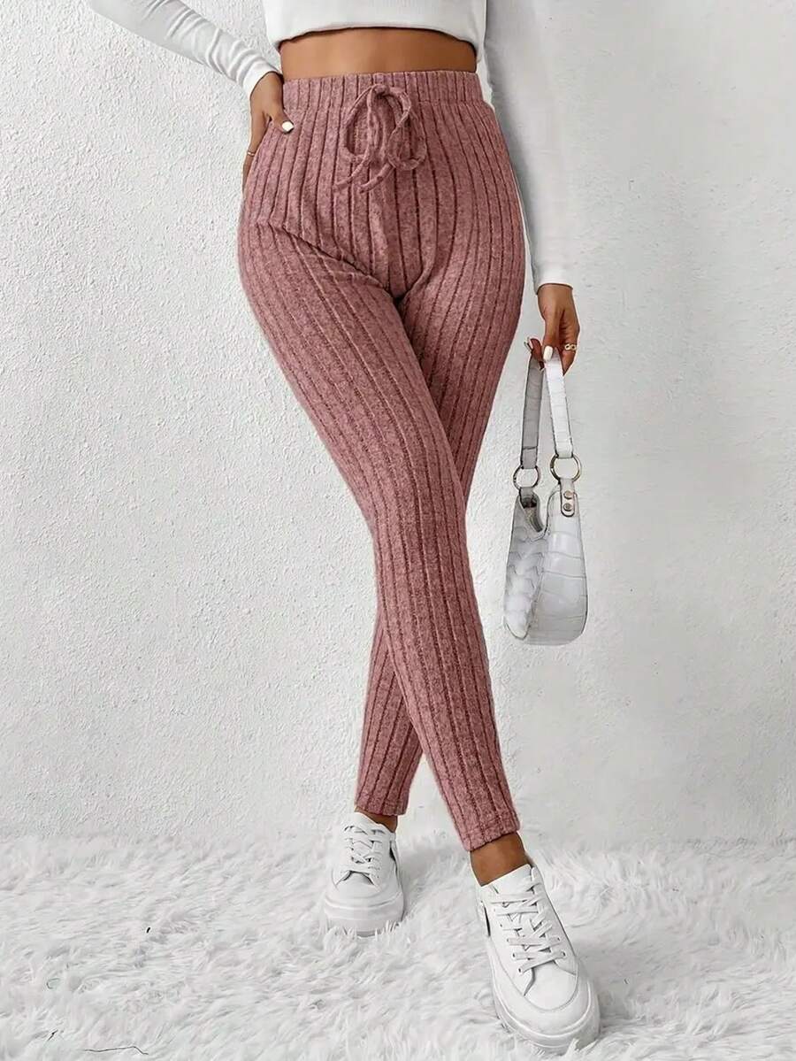 Autumn And Winter Solid Color Slim Fit High Waist Solid Color Knit Ribbed Knit Elastic Fleece Large Ribbed Waist Leggings Stage And Concert Home Women's Style Cool European And American Style! - Pink - View 1
