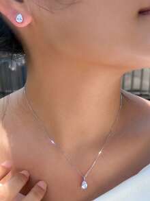 1 Set Very Sparkling Water Drop Cubic Zirconia Simple 925 Sterling Silver Chain Pendant Necklace And Earrings, Engagement & Daily Party Jewelry Sets For Women - White - View 4