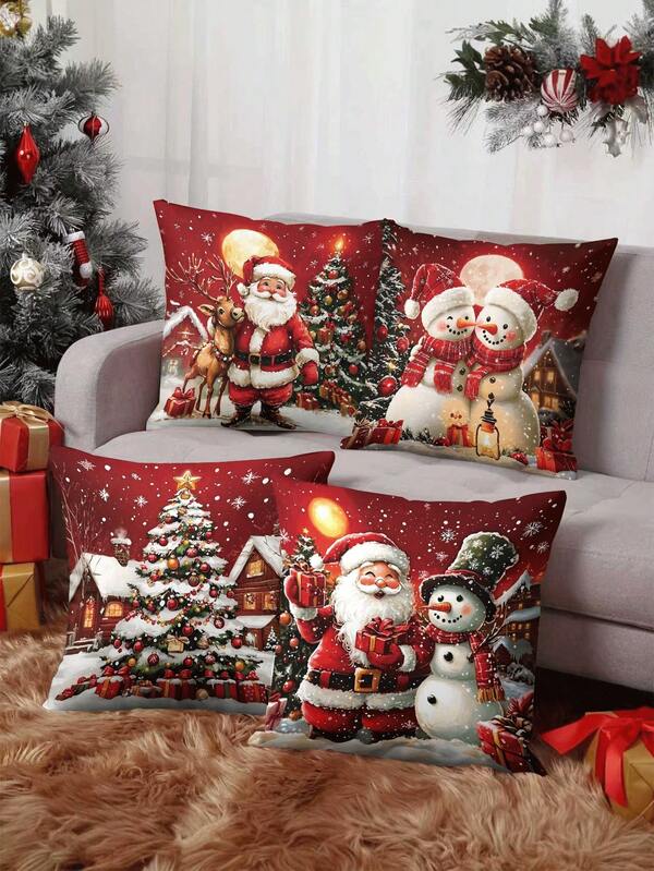 4pcs/1pc Red Christmas Party Decoration Pillow Cover - Holiday Scene Design Of Santa Claus, Snowman, Christmas Tree And Reindeer, 18x18 Inches | Zipper Closure | Bright Colors And Polyester Material | For Living Room, Room Decoration, Sofa And Bedroom (Filling Not Included) Great For Christmas Decorations, Christmas Party Supplies, Christmas Gifts