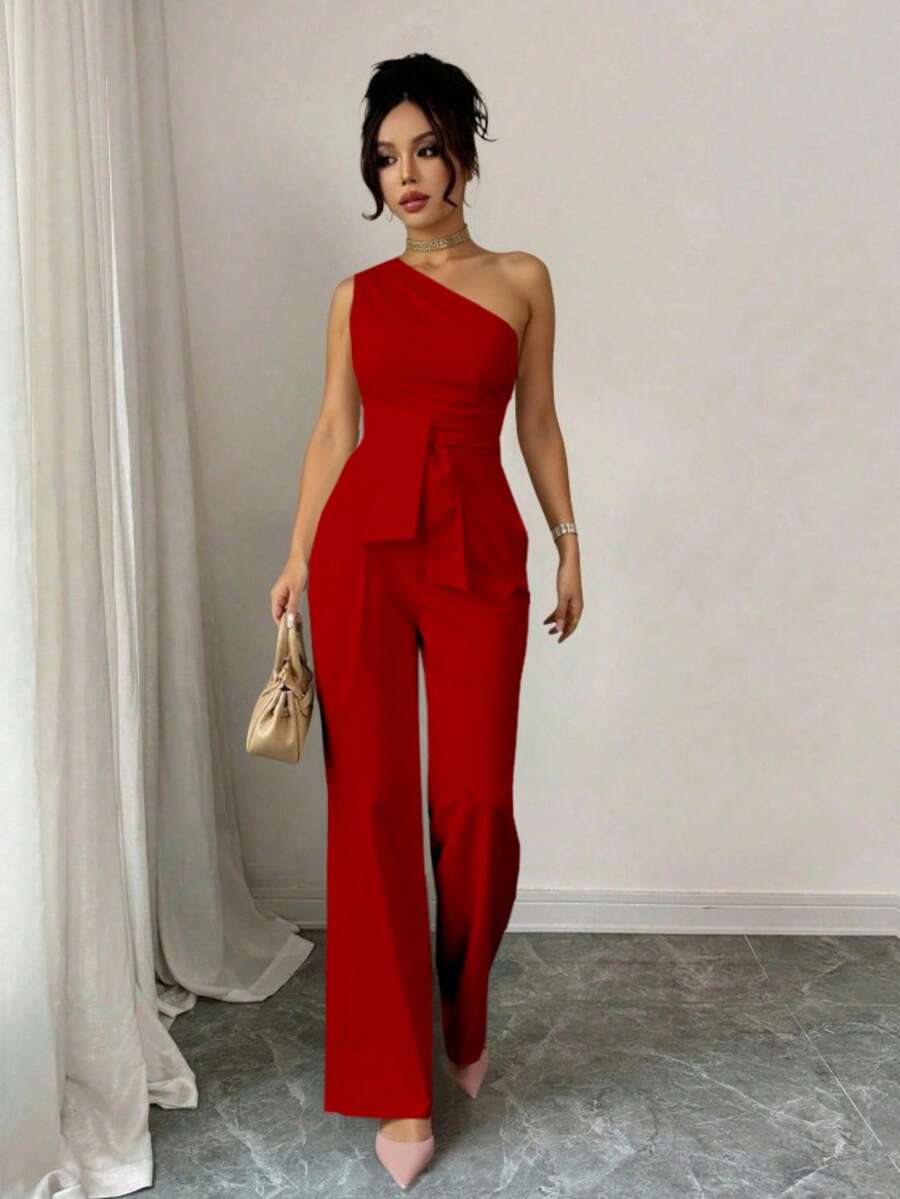 Palazzo elegante escote asimetrico un hombro detalle cintura pierna amplia suelta para mujer primavera verano comodidad frescura y estilo caida fluida que estiliza tu figura tela alta calidad suave ligero transpirable corte holgado y favorecedor - Rojo - Ver 1