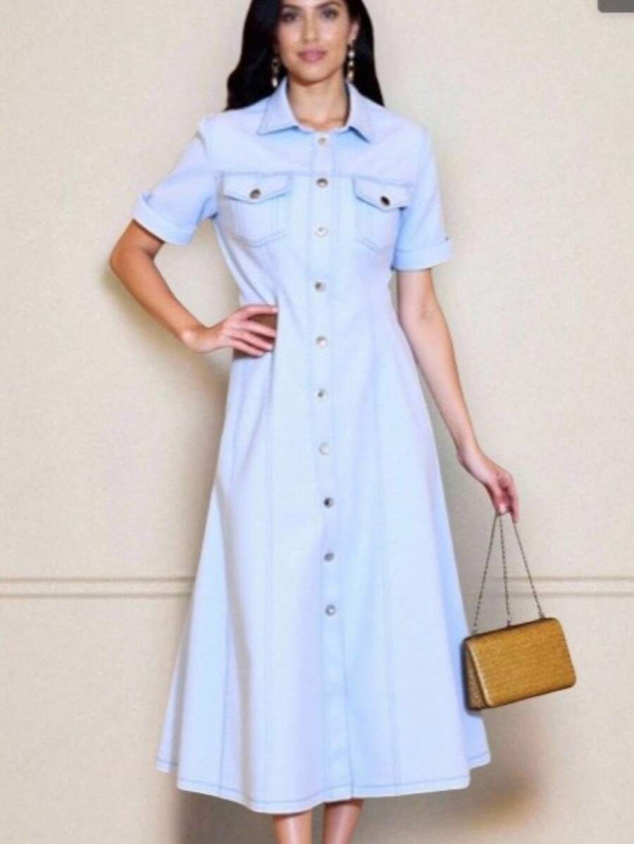 Women's Long Midi Dress With Buttons, Short Sleeves, With Pockets, Tailored Shirt, Elegant, Sensorial, Evangelical Fashion, Accentuated, Chemise 2026 - 淺藍色 - 查看 1