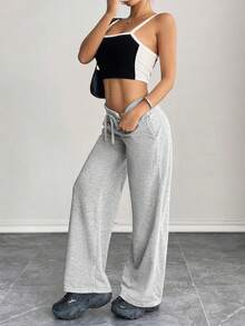 Women's Autumn Comfortable & Casual Solid-Knit Low-Rise Wide-Leg Long Sweatpants, Autumn & Winter Women's Pants - Grey - View 7