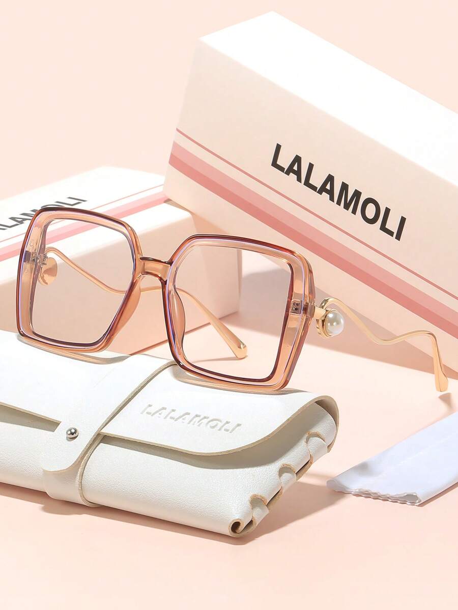LALAMOLI LALAMOLI Oversized quadratische Nicht-Verschreibungsbrille mit gebogenen Bügeln und Perlendekor, geeignet für den täglichen Gebrauch und als Geschenk