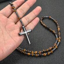 1pc Natural Stone Bead Tiger Eye Cross Pendant Necklace, Unisex - Yellow - View 2