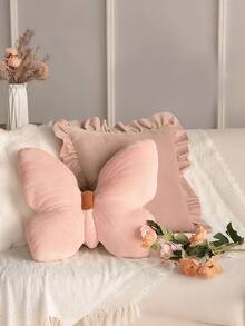 1 pieza Almohada de terciopelo rosa con mariposa, cojín de mariposa de estilo estético para acolchado suave para decoración de sala de estar, sofá y cama, adecuado para decoración diaria, Halloween y Navidad