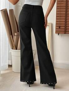 Livesso 女式口袋直筒宽松休闲百搭牛仔裤 - 黑色 - 查看 4