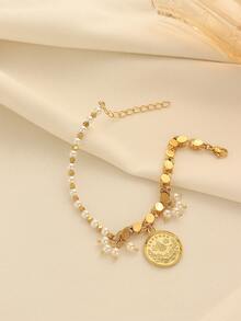 1pc Vintage Copper Plated Beaded Coin Tassel Handmade Chain Bracelet, Suitable For Women's Daily Wear And Holiday Gifts - Yellow Gold - View 2