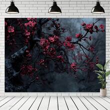 [Gothic Plum Blossom Tapestry] Vibrant Gothic Plum Blossom Polyester Tapestry - Cherry Red Flowers On Dark Background,  Elegant Wall Hanging For Living Room, Bedroom, Office Decor - 彩色 - 查看 2