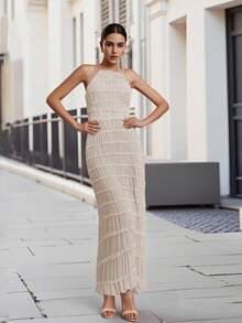 Vestido largo de mujer ajustado con pliegues, sin mangas, espalda descubierta, vestido de unicolor para fiesta y cóctel - Blanco - Ver 9