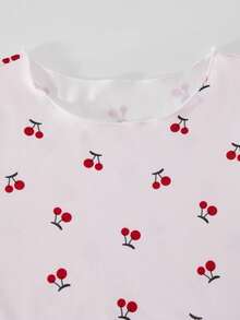 Sött tjejklädset med körsbärstryck, trendigt och elegant set med rund hals och långärmade casualbyxor i 2 delar, lämpligt för vår, höst och vinter, dagligt hemklädesplagg - Babyrosa - Visa 7