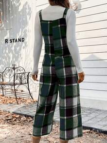 圣诞女式绿色格子吊带裤，吊带设计，7/8 长度吊带连体裤，时尚百搭，适合日常穿着，秋冬 - 綠色 - 查看 4