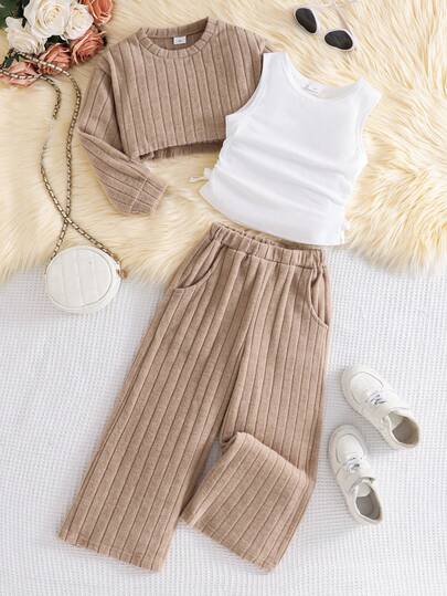 Conjunto de 3 peças de roupa casual de tecido confortável para meninas, incluindo moletom com gola redonda, colete e calças largas, adequado para passeios e deslocamentos, outono/inverno