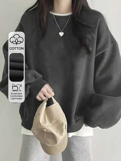 女士休闲宽松圆领长袖棉质运动衫，适合学生、日常穿着、通勤、返校、秋冬季