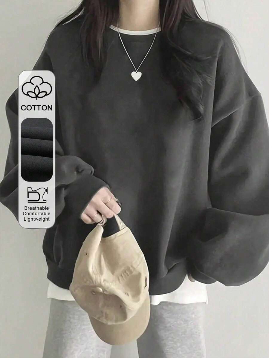 女士休闲宽松圆领长袖棉质运动衫，适合学生、日常穿着、通勤、返校、秋冬季