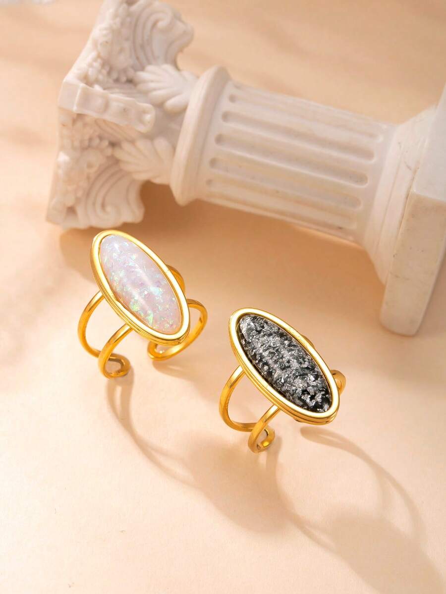 1 pieza de anillo ajustable de acero inoxidable con diseño de gema ovalada de moda, chapado en oro de 18k, adecuado para uso diario de mujeres, citas festivas, compromisos, bodas, accesorio que puede regalarse a amantes, amigos y familiares