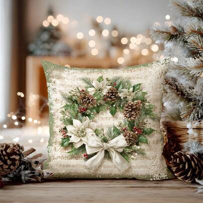 1 件复古乐谱和圣诞花环图案抱枕套，单面印花，40*40/45*45/50*50 厘米柔软桃色天鹅绒材质，家居装饰靠垫套，适用于客厅、沙发、卧室，适合作为圣诞礼物
