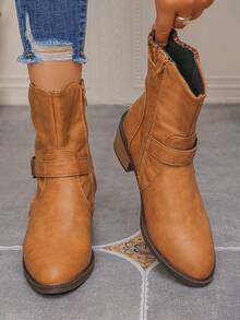 1 Pair Women's Autumn/Winter Fashion Boots, Pointed Toe Block Heel Short Boots, Knit Collar Western Style With Buckle And Side Zipper, Holiday