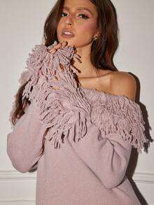Women's Retro Elegant French Street Solid Color Tassel Oblique Shoulder Long Sleeve Slit Hem Fit Pullover Sweater Cuffed Oneneck Offshoulder Fringed Sweater, Fall Winter