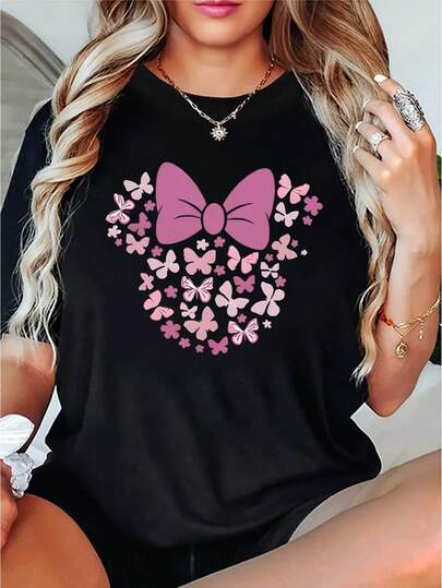 1pc Women's Casual Crew Neck T-Shirt With Butterfly Mouse Head Print, Short Sleeve, Cotton Knit Fabric With Medium Stretch, All-Season Comfort Fit Top
