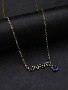 1pc Customized Name Necklace, Personalized Name Necklace With Blue Gemstone Pendant, Stainless Steel Engraved Plate Pendant Necklace, Handmade Jewelry, Birthday/Christmas/Valentine's Day Gift For Her/Him - Multicolor - View 4