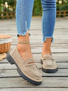 Mocasines de suela gruesa y ajuste ancho con punta redonda, para primavera y verano. Zapatos casuales ligeros, cómodos y elegantes para viajes y vacaciones al aire libre. Parte superior de cuero. Adecuado para estudiantes y tallas grandes. Se recomienda pedir 1/2 talla talla grande de su medida real, no es apto para pies estrechos. - Caqui - Ver 1