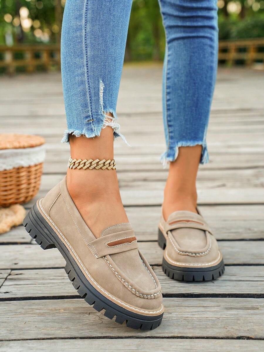 Mocasines de suela gruesa y ajuste ancho con punta redonda, para primavera y verano. Zapatos casuales ligeros, cómodos y elegantes para viajes y vacaciones al aire libre. Parte superior de cuero. Adecuado para estudiantes y tallas grandes. Se recomienda pedir 1/2 talla talla grande de su medida real, no es apto para pies estrechos. - Caqui - Ver 1