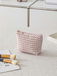 1 Pink Velvet Material Cosmetic Bag Travel Portable Storage Bag, Women's Cosmetic Bag Lipstick Bag, Travel Cosmetic Bag Storage Bag, Polka Dot Pattern Large Capacity Cosmetic Storage Bag, Toiletry Bag Large Capacity Velvet Storage Bag