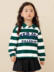mini bala Young Girl Teddy Bear Polo Shirt Long Sleeve College Style Cute Soft Cotton Tee - Green and White - View 1
