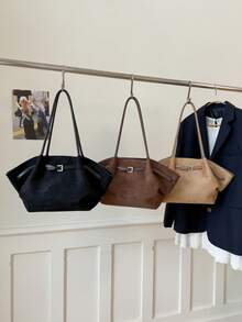 حقيبة يد نسائية من جلد البولي يوريثان والجلد المدبوغ للشتاء، سعة كبيرة، مزينة بالأشرطة، أنيقة للتنقل والشارع