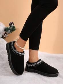 冬季雪地短靴，女士短踝靴，内衬加厚，休闲保暖毛绒套脚靴，防滑软底室内外通用拖鞋，可机洗 - 黑色 - 查看 2