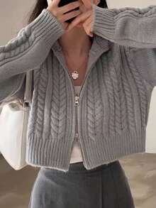 Mujeres cardigans otoño e invierno cálido jersey perezoso viento suelto versátil sección corta doble cremallera suéter de punto - Gris Claro - Ver 4