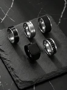 5pcs Stainless Steel Men's Ring Set, Including Single Chain, Matte Finish, Anxiety Relief Rings, Suitable For Men & Women, Daily Wear, Holiday, Date Gift, Jewelry - Black and White - View 18